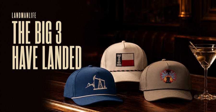 Three LandmanLife rope hats on a bar: Stripper Well, Texas Gusher, Oilfield Headdress. The Big 3 have landed.